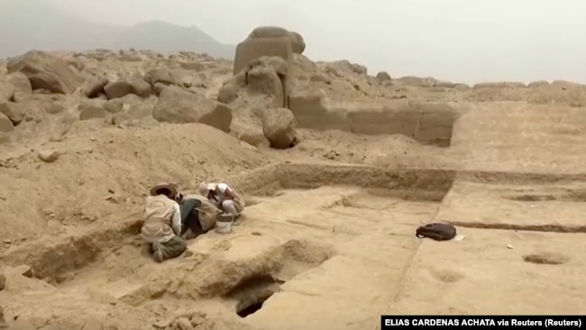 A view of the dig site where researchers believe they found an 800 year old mummy outside of Lima, Peru.