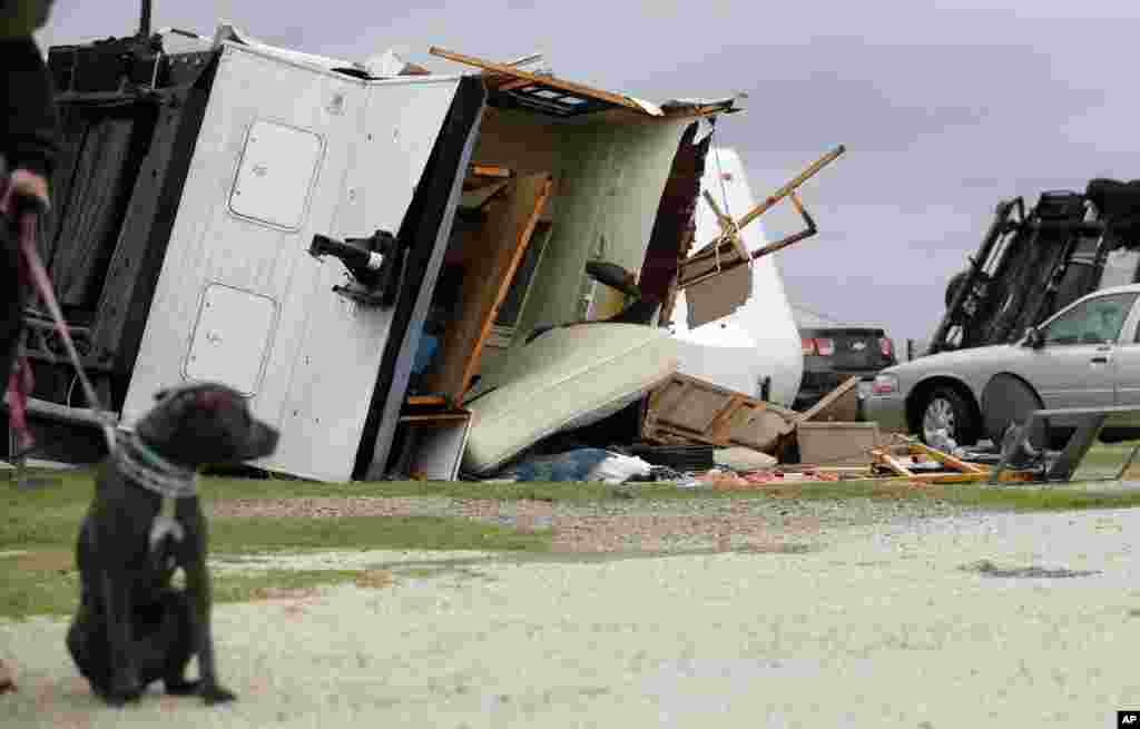 A trailer overturned in the wake of Hurricane Harvey lies on its side, in Aransas Pass, Texas, Aug. 26, 2017. 