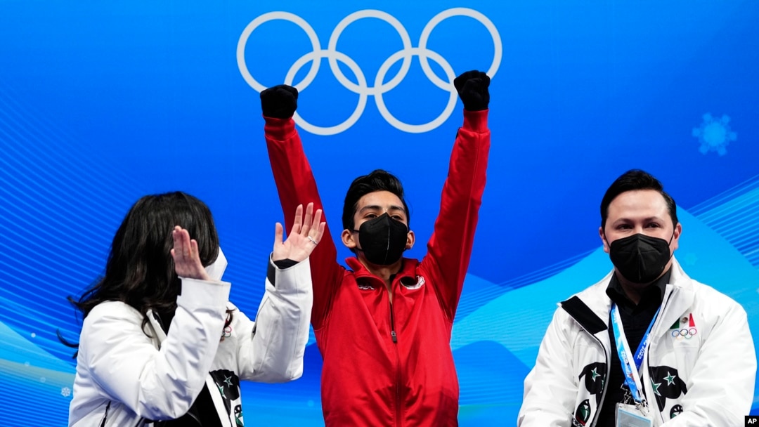 Mexico's Donovan Carrillo reacts after his men's figure skating short program at the Beijing Winter Olympics, Feb. 8, 2022.