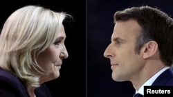 Kobinacija fotografija predsedničkih kandidata Mari le Pen i Emanuela Makrona