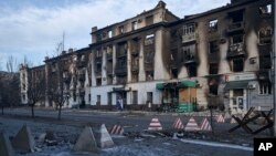 A city center damaged by Russian shelling in Bakhmut, Donetsk region, Ukraine, Feb. 10, 2023.