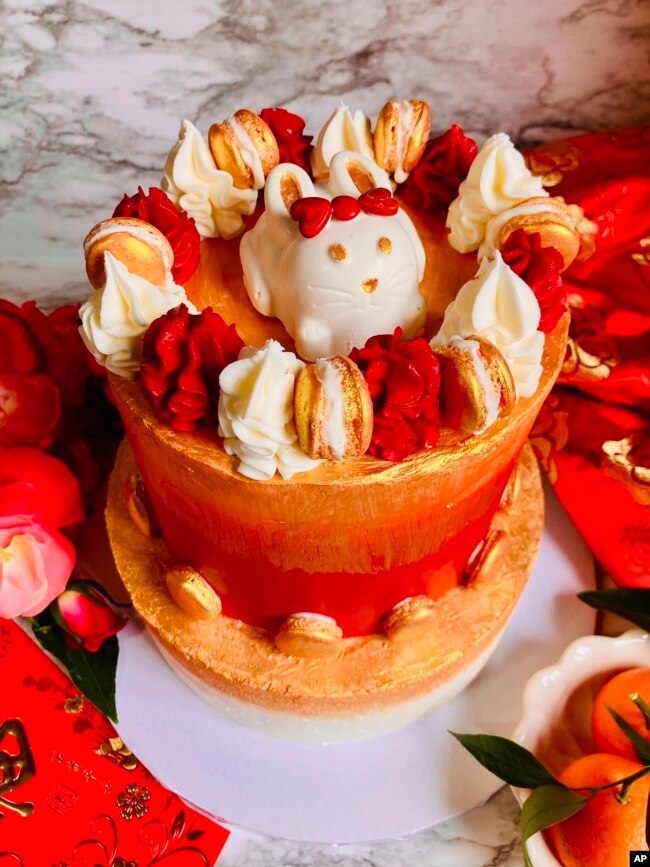 A two-tier Lunar New Year cake with a Year of the Rabbit theme is pictured on Jan. 11, 2023 in the Queens borough of New York.