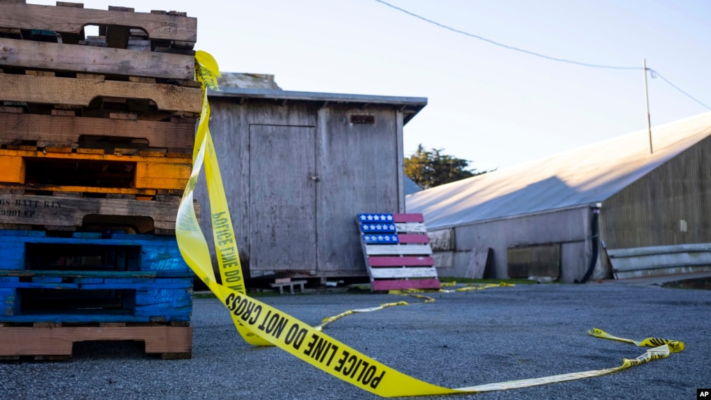 Police tape marks off the scene of a shooting off Cabrillo Highway, Jan. 24, 2023, after a gunman killed several people at two agricultural businesses in Half Moon Bay, Calif. 