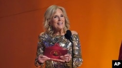 First Lady Jill Biden presents the award for song of the year at the 65th annual Grammy Awards, Feb. 5, 2023, in Los Angeles.