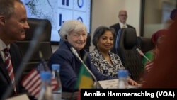 U.S. Treasury Secretary Janet Yellen attends a roundtable with women entrepreneurs at the Délégation générale à l’Entrepreneuriat Rapide des Femmes et des Jeunes, a women and youth business incubator in Dakar, Senegal, Jan. 20, 2023. 