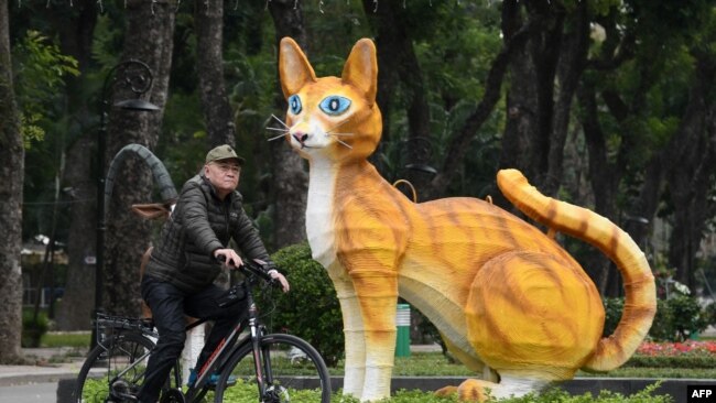 A man rides a bicycle past a cat statue at Thong Nhat Park in Hanoi, ahead of the lunar new year, Jan. 16, 2023.