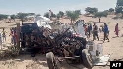 An accident near Sakal, northern Senegal, on Jan. 16, 2023, where 19 people were killed when a bus and a truck collided. 