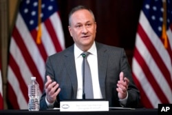 FILE - Doug Emhoff, husband of Vice President Kamala Harris, speaks with Jewish leaders about the rise in antisemitism and efforts to fight hate in the U.S., in the Eisenhower Executive Office Building in Washington, Dec. 7, 2022.