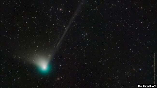 This photo provided by Dan Bartlett shows comet C/2022 E3 (ZTF) on Dec. 19, 2022. It is expected to come within 26 million miles (42 million kilometers) of Earth on Feb. 1, 2023, according to NASA.