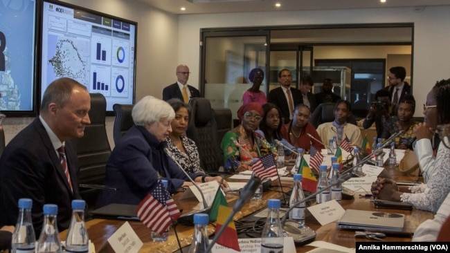 U.S. Treasury Secretary Janet Yellen attends a roundtable with women entrepreneurs at a women and youth business incubator in Dakar, Senegal, Jan. 20, 2023.