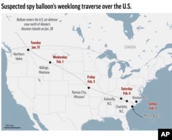 A map that shows path of suspected spy balloon.