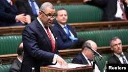 Britain's Foreign Secretary James Cleverly speaks at the House of Commons in London, Jan. 16, 2023. (UK Parliament/Jessica Taylor/Handout via Reuters)