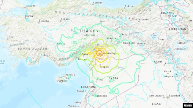 Epicenter of a 7.8 earthquake near Gaziantep, Turkey (U.S. Geological Survey)