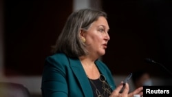 FILE: Ambassador Victoria Nuland, then-U.S. Undersecretary of State for Political Affairs, testifies as a witness before the Senate Foreign Relations Committee during a hearing to examine U.S.-Russia policy at the U.S. Capitol in Washington, D.C., Taken Dec. 7, 2021. 
