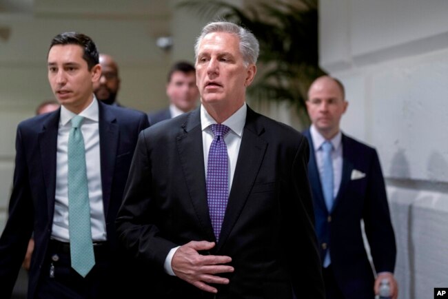 FILE - Speaker of the House Kevin McCarthy arrives at the Capitol in Washington, Jan. 31, 2023.