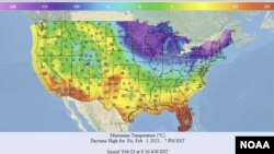 A National Weather Service map showing the maximum high temperatures in the US on Feb. 3, 2023