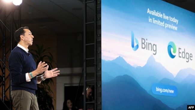 Yusuf Mehdi, Microsoft Corporate Vice President of Modern Life, Search, and Devices speaks during an event introducing a new AI-powered Microsoft Bing and Edge at Microsoft in Redmond, Washington on February 7, 2023. (Photo by Jason Redmond / AFP)