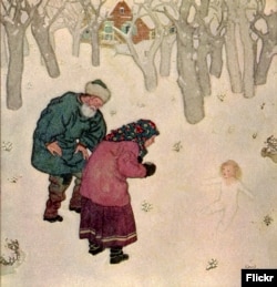 The Snow Maiden: "The daintiest, prettiest little maiden they had ever seen." Scanned from: Dulac, Edmund. Edmund Dulac's Fairy Book; fairy tales of the Allied Nations. U.S. edition, New York: G. H. Doran Company, 1916