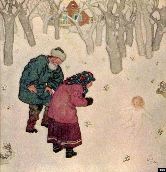 The Snow Maiden: "The daintiest, prettiest little maiden they had ever seen." Scanned from: Dulac, Edmund. Edmund Dulac's Fairy Book; fairy tales of the Allied Nations. U.S. edition, New York: G. H. Doran Company, 1916