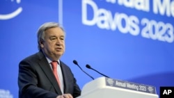 Secretary-General of the United Nations Antonio Guterres speaks at the World Economic Forum in Davos, Switzerland, Jan. 18, 2023.