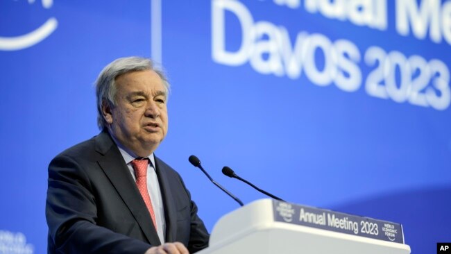 Secretary-General of the United Nations Antonio Guterres speaks at the World Economic Forum in Davos, Switzerland, Jan. 18, 2023.