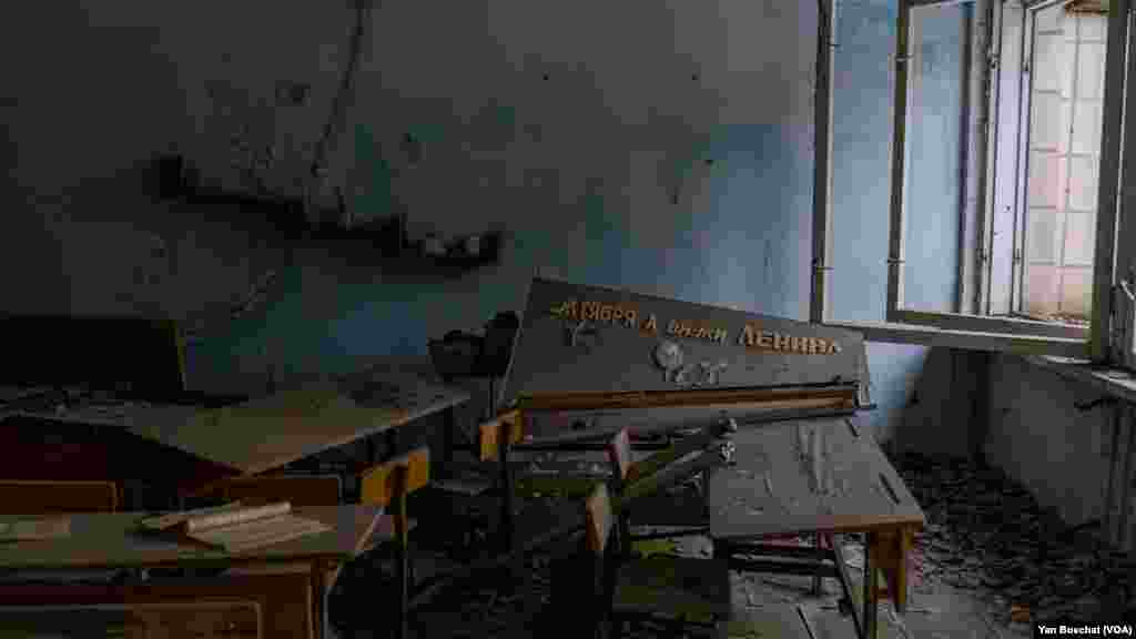 The remains of a school in Prypiat. This area was occupied by Russians during the beginning of the war almost a year ago, in Chernobyl, Ukraine, Jan. 31, 2023 (VOANEWS/Yan Boechat)