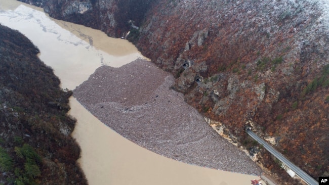 Garbage clogs the Drina River near Visegrad, Bosnia, Jan. 20, 2023.