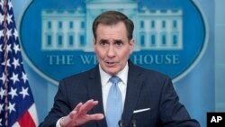 FILE - White House National Security Council spokesman John Kirby speaks during the daily briefing at the White House in Washington, Jan. 25, 2023. 