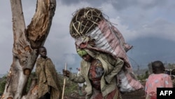 Internally displaced people (IDP) carry charcoal from the forest at the foot of Nyiragongo volcano in Virunga National Park, Jan. 13, 2023, to the market in Kibati, DRC. 