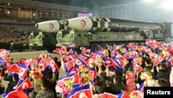 Missiles are displayed during a military parade to mark the 75th founding anniversary of North Korea's army, at Kim Il Sung Square in Pyongyang, North Korea Feb. 8, 2023. (North Korea's Korean Central News Agency via Reuters)