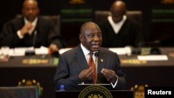 South African President Cyril Ramaphosa delivers his 2023 State of the Nation address in Cape Town, South Africa, Feb. 9, 2023.