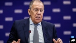 FILE - Russian Foreign Minister Sergey Lavrov addresses a United Russia party leadership meeting in Moscow, Russia, Feb. 3, 2023. Lavrov headed to Iraq Sunday for energy talks.