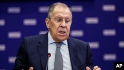 FILE - Russian Foreign Minister Sergey Lavrov addresses a United Russia party leadership meeting in Moscow, Russia, Feb. 3, 2023. 