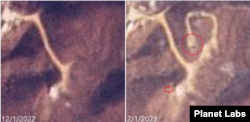 동창리 엔진시험장 일대를 촬영한 위성사진. 지난해 12월(왼쪽) 야산이었던 지점에 공사(원 안)가 진행 중이다. 주변엔 길이 조성됐다. 화살표는 최근 북한이 고체연료 엔진시험을 실시한 시험대. 사진=Planet Labs