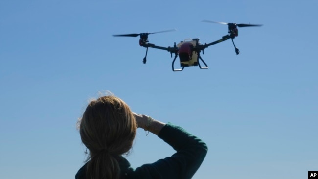 FILE - U.S. support for Ukraine has included supplying drones, such as this one in flight on the outskirts of Kyiv, Ukraine, Oct. 6, 2022.