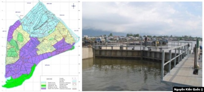 Hình trái: Bản đồ Quy hoạch thủy lợi vùng Nam Bán Đảo Cà Mau. Hình phải: Âu thuyền Tắc Thủ do Cty CP Tư vấn XD Thủy lợi II thiết kế và xây dựng từ 2001 tại ngã ba sông Ông Đốc - Cái Tàu - sông Trẹm, Cà Mau, với kinh phí gần 80 tỷ đồng nhưng sau khi hoàn thành năm 2006, đã chứng tỏ là vô dụng, mà còn gây thêm cản trở giao thông. [photo by Nguyễn Kiến Quốc] (2)