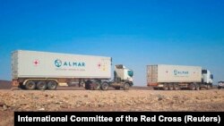 (FILE) A convoy of trucks deliver lifesaving medical supplies in the Tigray region, Ethiopia.