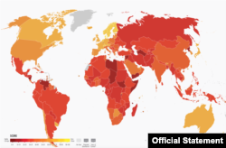 Karta Indeksa percepcije korupcije u 2022. koju je objavio Transparensi interenešenal na svom sajtu, 31. januara 2022. (Foto: Skrinšot)