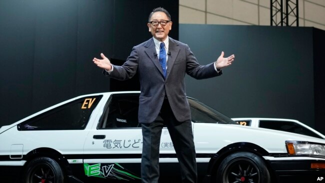 FILE - Toyota CEO Akio Toyoda at the Tokyo Auto Salon on Jan. 13, 2023, in Chiba near Tokyo. Toyoda announced Thursday that he will step down from his position and transition to be chairman of the board on April 1. Toyota's chief branding officer, Koji Sato, will replace him.