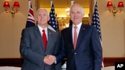 U.S. Vice President Mike Pence (left) shakes hands with Australia's Prime Minister Malcolm Turnbull at Admiralty House in Sydney, April 22, 2017.
