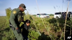 FILE - In this Aug. 11, 2017, photo a U.S. Customs and Border Patrol agent escorts an immigrant suspected of crossing into the United States illegally along the Rio Grande near Granjeno, Texas.