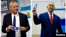 A combination picture shows Benny Gantz (left), leader of Blue and White party voting at a polling station in Rosh Ha'ayin and Israel’s Prime Minister Benjamin Netanyahu voting at a polling station in Jerusalem during Israel's parliamentary election, April 9, 2019. 