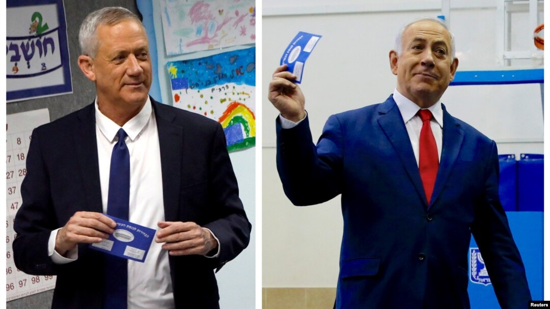 A combination picture shows Benny Gantz (left), leader of Blue and White party voting at a polling station in Rosh Ha'ayin and Israel’s Prime Minister Benjamin Netanyahu voting at a polling station in Jerusalem during Israel's parliamentary election, April 9, 2019. 