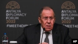 Russia's Foreign Minister Sergey Lavrov talks to journalists during a news conference following a tripartite meeting with Turkish Foreign Minister Mevlut Cavusoglu and Ukraine's Foreign Minister Dmytro Kuleba, in Antalya, Turkey, March 10, 2022.