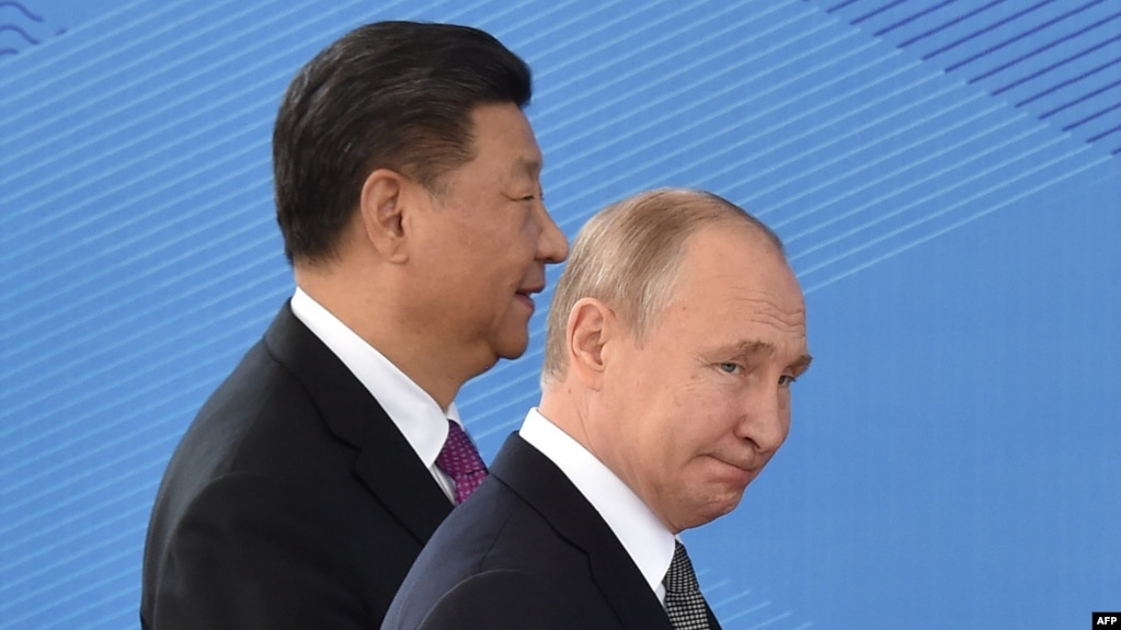 2019年6月14日中国国家主席习近平和俄罗斯总统普京出席在吉尔吉斯斯坦首都比什凯克举行的上海合作组织成员国元首理事会(photo:VOA)