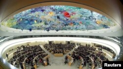 FILE - Overview of the session of the Human Rights Council during the speech of U.N. High Commissioner for Human Rights Michelle Bachelet at the United Nations in Geneva, Feb. 27, 2020. 