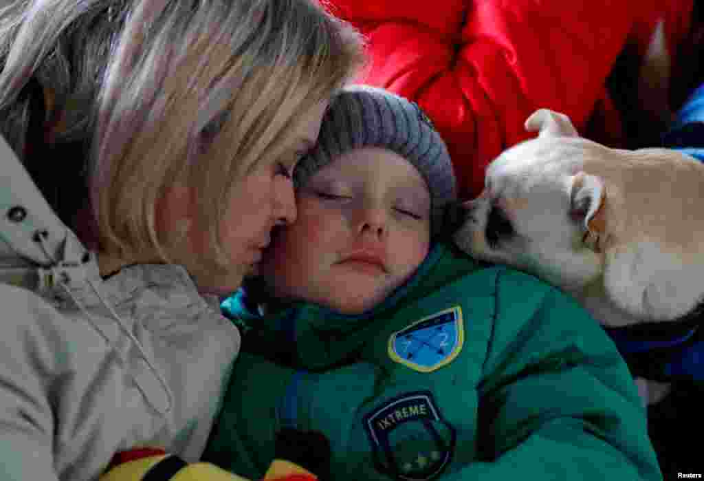 A woman, her child and their dog are seen at a refugee shelter after Russia&#39;s invasion of Ukraine, in Beregsurany, Hungary, March 7, 2022.