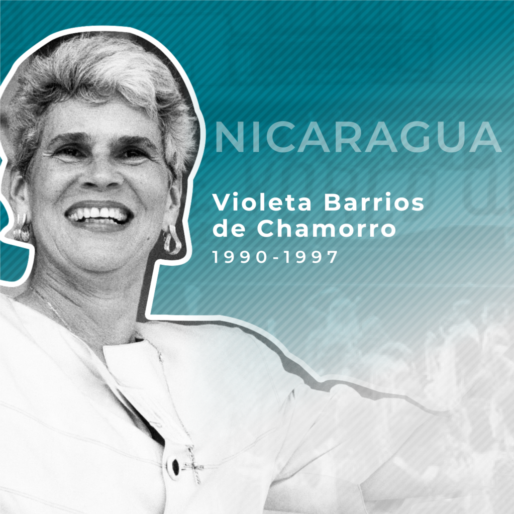 La primera mujer en ser electa como presidenta en Latinoamérica. Subió al poder en 1990, como cabeza de UNO, una coalición opositora al Frente Sandinista de Liberación Nacional (FSLN), liderado por Daniel Ortega. Reversó políticas de la era sandinista, privatizó industrias que estaban en manos del estado y redujo el tamaño del ejército.