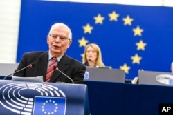 欧盟外交与安全政策高级代表博雷利在斯特拉斯堡欧洲议会上就俄乌战争局势讲话。（2022年3月9日）