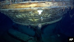 Tampak bagian buritan dari reruntuhan kapal "Endurance," kapal ekspedisi kutub milik penjelajah Ernest Shackleton. Kapal tersebut ditemukan setelah menghilang selama 100 tahun. (Foto: (Falklands Maritime Heritage Trust/National Georgraphic via AP)